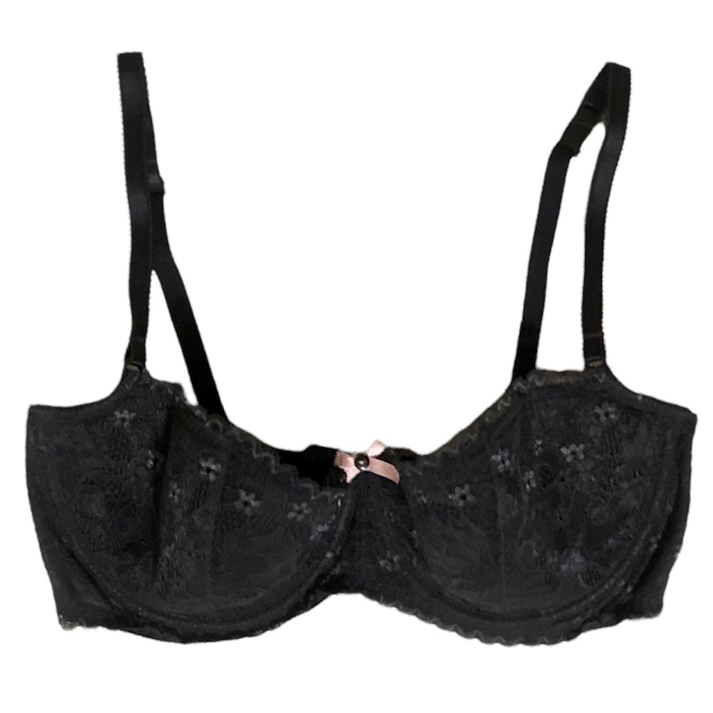 Elle Macpherson Intimates dark gray lace bra pink bow, 36D